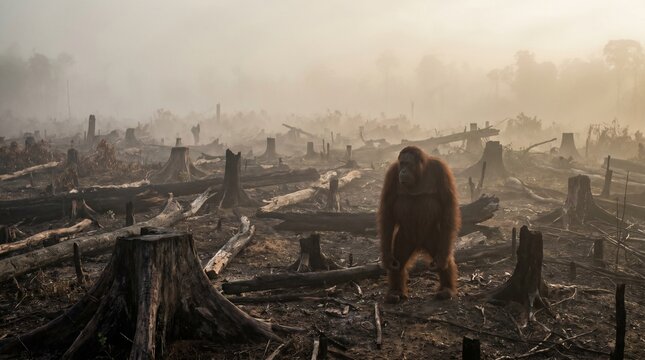 Orangutan in devasted deforested landscape with foggy atmosphere