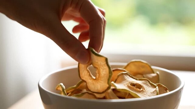Hand reaching for dried apple slices in a white bowl on a wooden table
