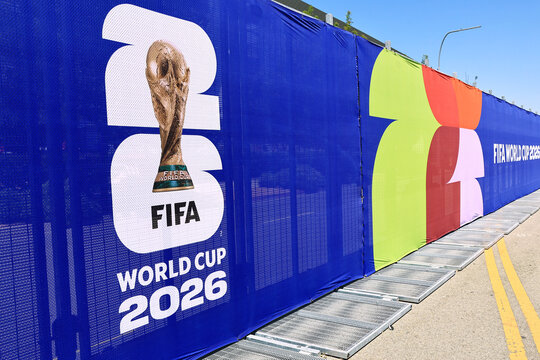 Inglewood, Los Angeles County, California &ndash; June 9, 2026: FIFA World Cup 2026 event branding displayed outside SoFi Stadium in Inglewood, California 