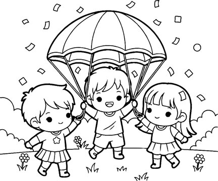 Three happy children playing with colorful parachute outdoors.