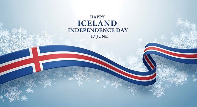 Iceland Independence Day celebration background with waving national flag ribbon and snowflake patterns for June 17th