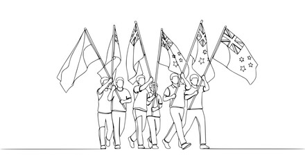 Obraz premium Diverse Group Marching with National Flags in Line Art Style