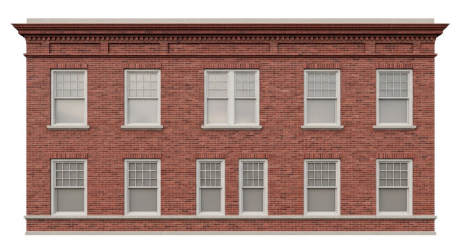 A red brick building with multiple windows stands against a transparent background. The building features a classic architectural style with a detailed cornice and evenly spaced windows.