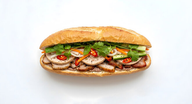 Top view of a traditional Vietnamese Banh Mi sandwich with roasted pork and fresh vegetables, isolated on white background.