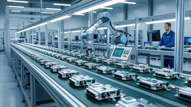 A man monitors a robotic assembly line in a modern factory. Robotic arms precisely handle electronic components on a moving conveyor belt.