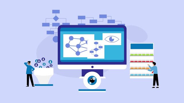 Computer Vision and AI Data Processing Concept with Neural Network Flowchart cartoon animation