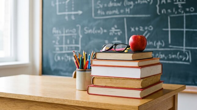 Stack of hardcover books with a red apple and black eyeglasses on a wooden desk in front of a green chalkboard covered in handwritten mathematical equations and formulas