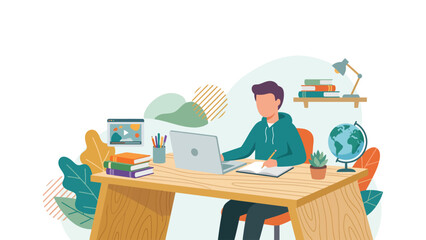 Fototapeta premium Young person working at a modern home office desk with laptop and books.