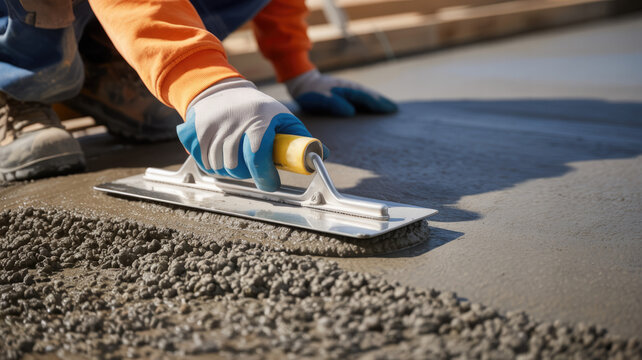 Construction worker smoothing concrete with trowel on building site