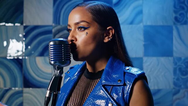 Female rock singer in glossy blue leather vest beside vintage microphone before patterned blue stage wall, sleek hair, bold eye makeup, calm soulful expression and cinematic lighting clean blue haze