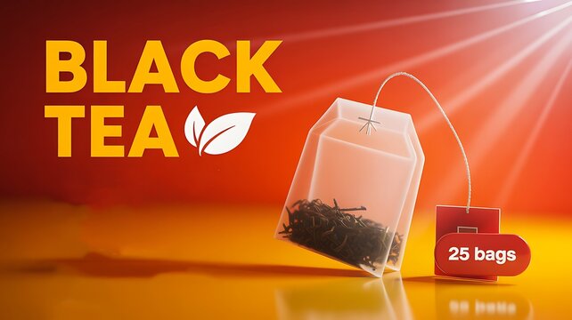Black tea advertising banner with teabag and warm sunlight