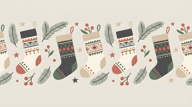 Minimalist Christmas illustrations of stocking Scandinavian design. Christmas stockings and festive decorations seamless pattern on a light background