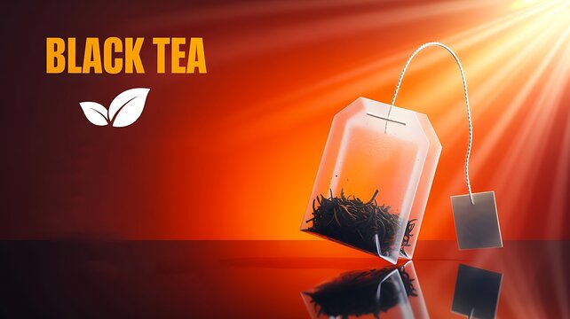 Black tea advertising banner with teabag and warm sunlight
