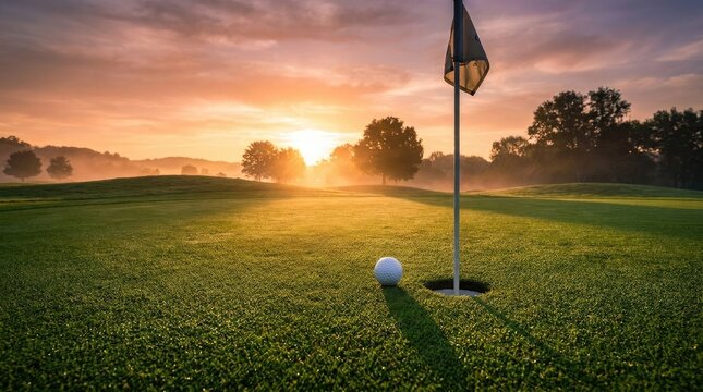 The sun rises over a lush green golf course, casting a warm golden glow across the landscape. A golf ball rests near the hole, and the flag stands tall in the foreground.