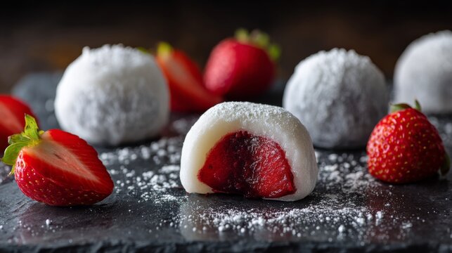 Delicious strawberry mochi dessert with a soft glutinous rice exterior and sweet berry filling on a dark slate surface garnished with powdered sugar