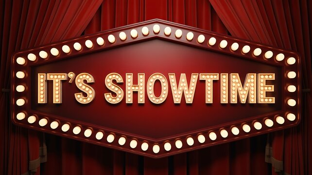 Vintage showtime marquee sign with theater curtains and glowing lights