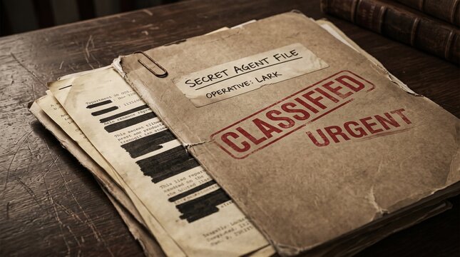 Vintage secret agent file folder labeled classified and urgent on a dark wooden table with redacted documents