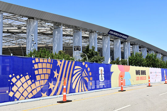 Inglewood, Los Angeles County, California &ndash; June 9, 2026: Exterior view of SoFi Stadium with FIFA World Cup 2026 branding, modern sports and entertainment venue 