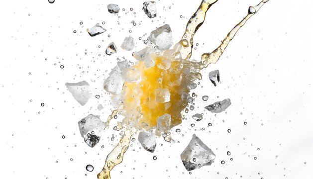 Lemon soda exploding with ice shards ultra sharp freeze frame yellow citrus burst mid air water droplets suspended