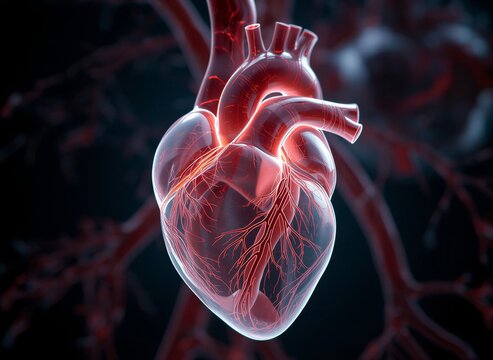 Anatomical 3D illustration of human heart showing coronary arteries and blood vessels in glowing detail
