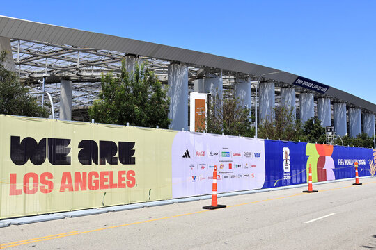 Inglewood, Los Angeles County, California &ndash; June 9, 2026: Exterior view of SoFi Stadium with FIFA World Cup 2026 branding, modern sports and entertainment venue 
