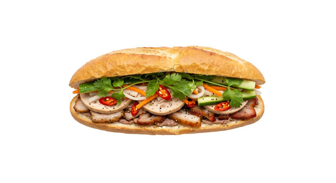 Top view of a traditional Vietnamese Banh Mi sandwich with roasted pork and fresh vegetables, isolated on white background.