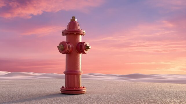 Bright Pink Fire Hydrant Standing Alone on Snowy Landscape Against Dramatic Sunset Sky