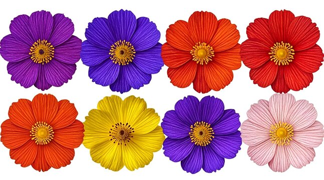 Set of colorful zinnia flower heads isolated on white background
