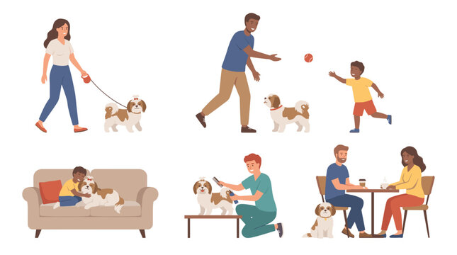 Collection of diverse people and cute shih tzu vector illustration featuring happy family kids and owners walking playing grooming and relaxing at cafe with their lovely pet dogs.