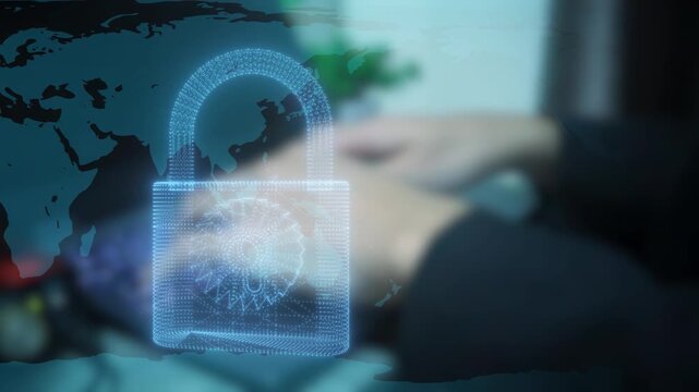 Cyber security padlock animation, digital world map data protection loop with blurry hands typing on computer keyboard background.