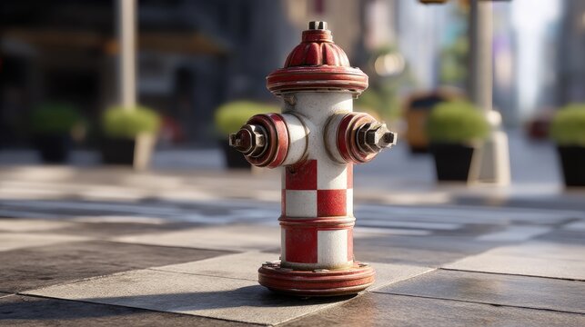 Red and White Fire Hydrant on City Sidewalk with Blurred Urban Background