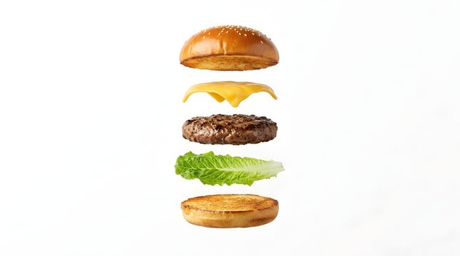 Classic Cheeseburger Components Exploded View on White Background