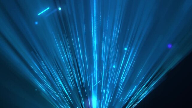 Futuristic blue digital animation, cyber vertical data stream nodes light strings background abstract digital background with a trail of light energy. 4k.