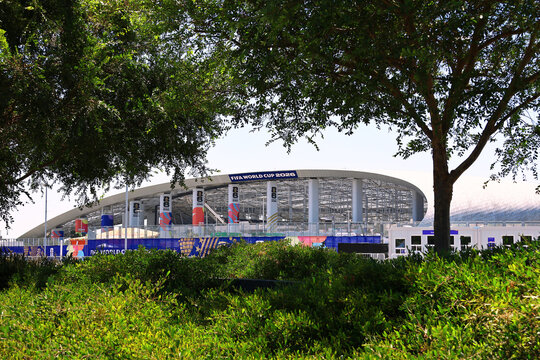 Inglewood, Los Angeles County, California &ndash; June 9, 2026: Exterior view of SoFi Stadium with FIFA World Cup 2026 branding, modern sports and entertainment venue 