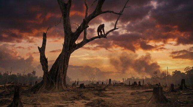 Solitary monkey on barren tree in deforested landscape at sunset