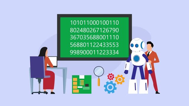 Artificial Intelligence Data Coding and Machine Learning Development Concept with Robot cartoon animation