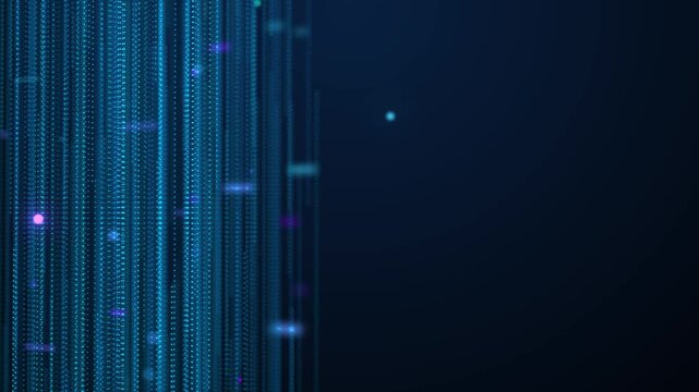 Futuristic blue digital matrix rain animation, cyber vertical data stream nodes light strings background abstract digital background with a trail of light energy.