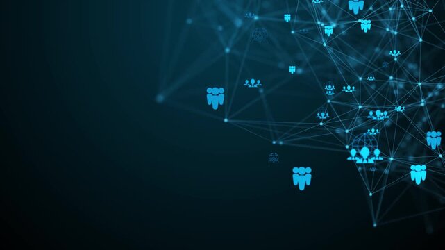 Futuristic blue team network animation, cyber global organization structure user nodes  for business presentation.