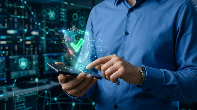Man's hand holding smartphone with digital shield and checkmark overlay during data security concept