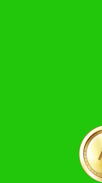 Vertical green screen animation of 3D golden South African Rand coins falling downward. Includes a black-and-white alpha matte mask clip for easy chroma key editing and video compositing.