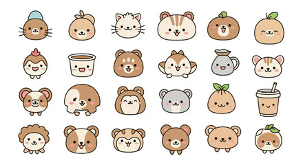 Fototapeta premium Set of adorable kawaii animal and object icons with smiling faces featuring bear cat dog hamster and coffee for avatars