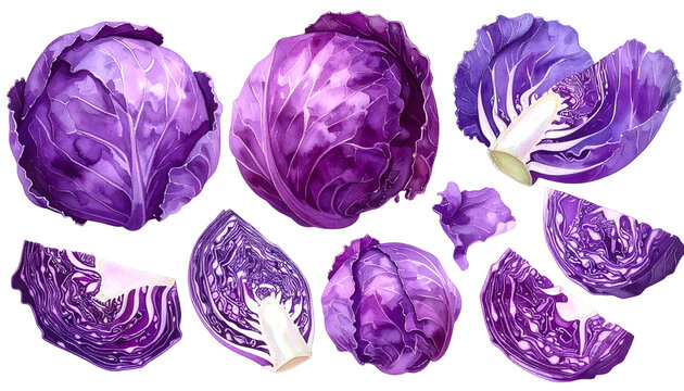 Red Cabbage Watercolor Isolated Group Fresh Vegetables Transparent Background