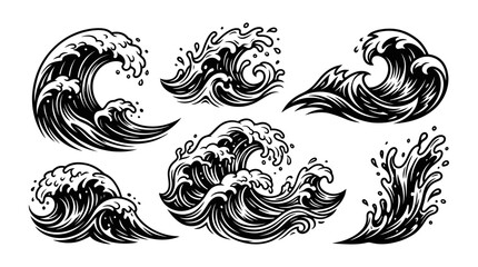 Fototapeta premium Set of Black and White Ocean Wave Illustrations, Dynamic Water Splash Art