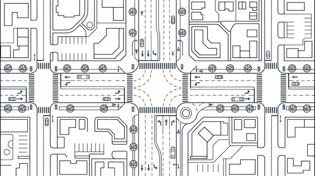 Top-down view of a city intersection with buildings, roads, and traffic.