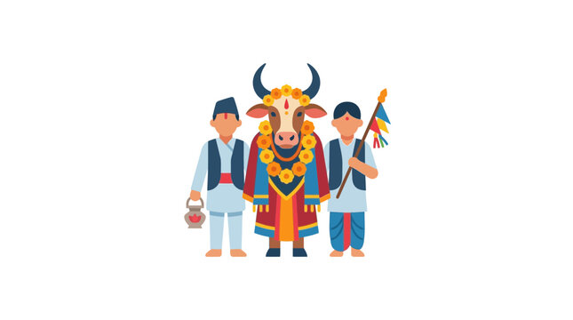 Illustration of Kukur Tihar Festival with Cow and Nepali People