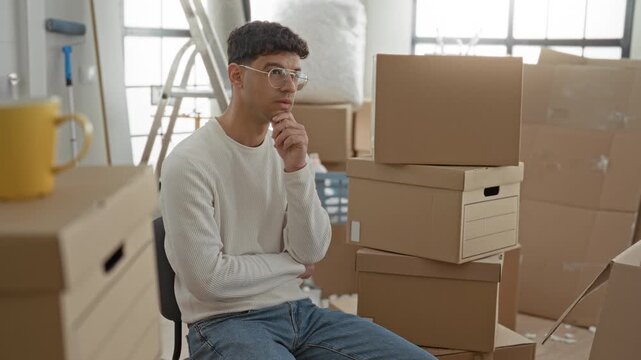 Young man seated among stacked cardboard boxes touches chin in thinking pose inside a building; moving transition contemplation planning.