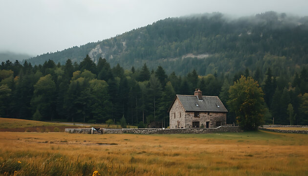 Stone cottage near a field with forest and mountain backdrop building landscape.