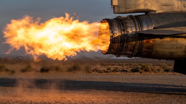Jet engine exhaust with massive afterburner flames during test