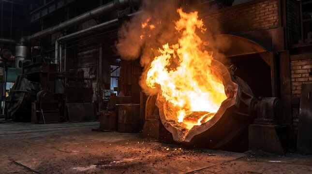 Molten metal pouring from furnace in steel mill with bright fire