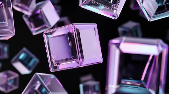 Abstract glass cubes with purple and blue neon lights floating in dark space
